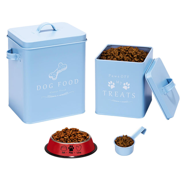 Blue dog food and treat storage containers with red bowl and scoop, perfect for pet care essentials