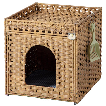 SETVSON™ Handwoven Rattan Cat Litter Box Enclosure | Hidden Furniture with Mat & Hooks for Cats