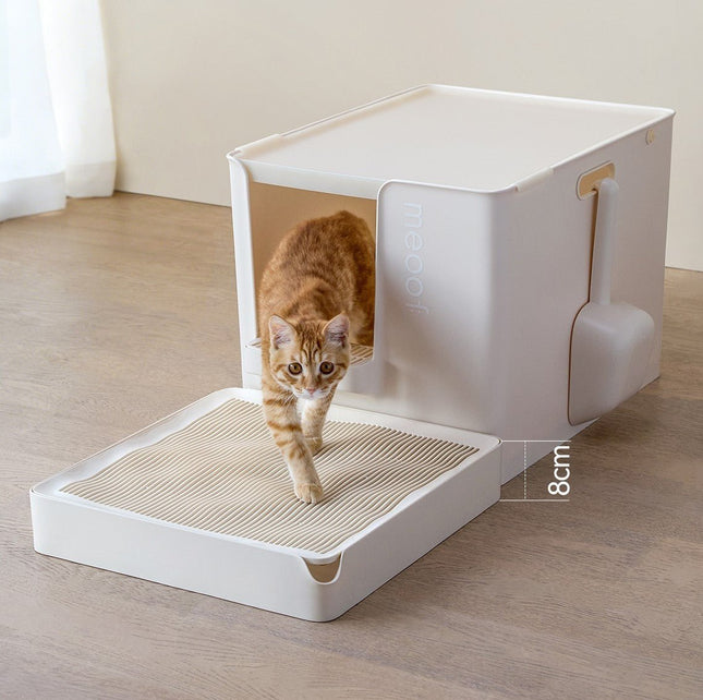 Orange tabby cat using modern enclosed litter box with 8cm entrance and mat, ideal for cat care essentials.