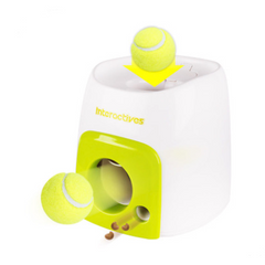 Interactive dog toy dispenser with tennis balls and treats for pet playtime