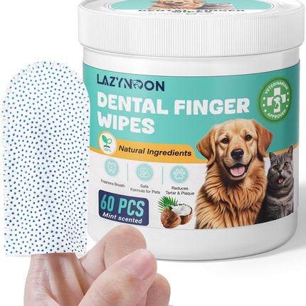 LAZYNOON Dog Teeth Cleaning Wipes - Dog Dental Wipes Pet Dental Finger Wipes for Dogs & Cats Teeth with Brushing Beads Removes Plaque and Tartar Buildup Freshens Breath 60 Count Mint Scent