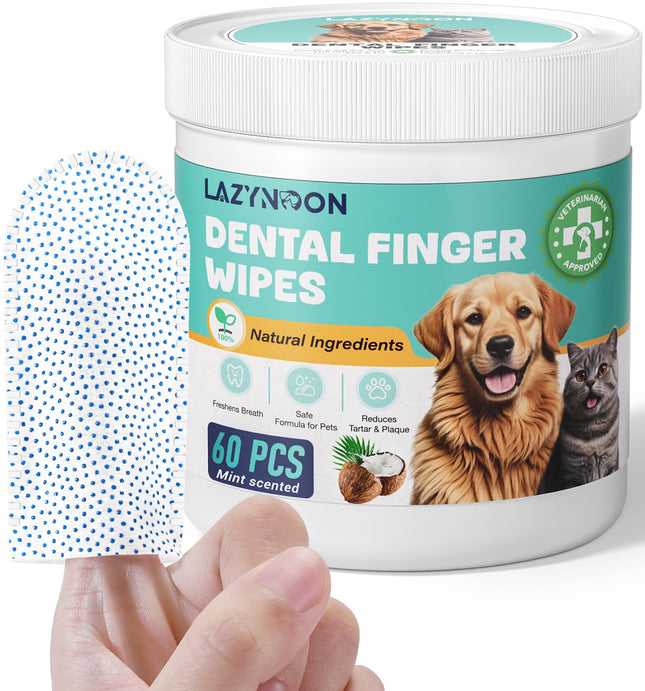 LAZYNOON Dog & Cat Dental Wipes – Brushing Beads, Mint Scent (60 Count)