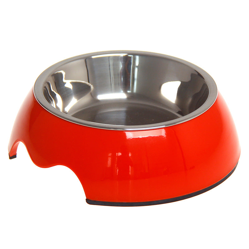 Red pet bowl with stainless steel interior for dogs and cats