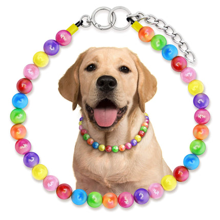 JOGIA Rainbow Dog Necklace for Large Dogs - Adjustable Dog Pearl Necklace with Colorful Beads Handmade Pet Jewelry for Dogs
