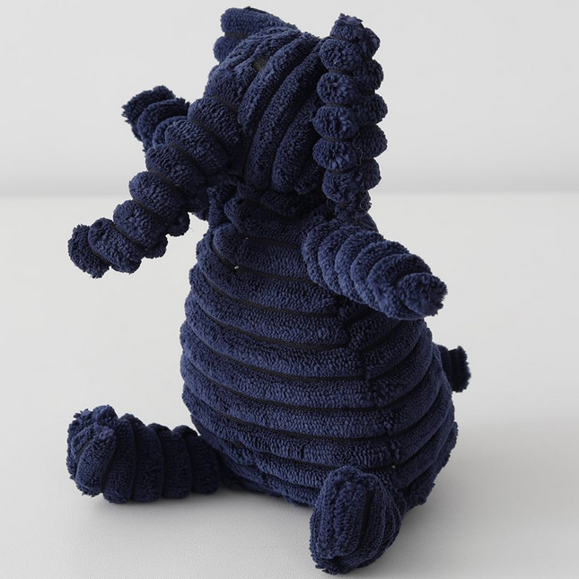 Navy blue ribbed plush dog toy shaped like a stylized animal