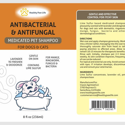Healthy Paw Life Lime Sulfur antibacterial and antifungal medicated shampoo for dogs and cats.