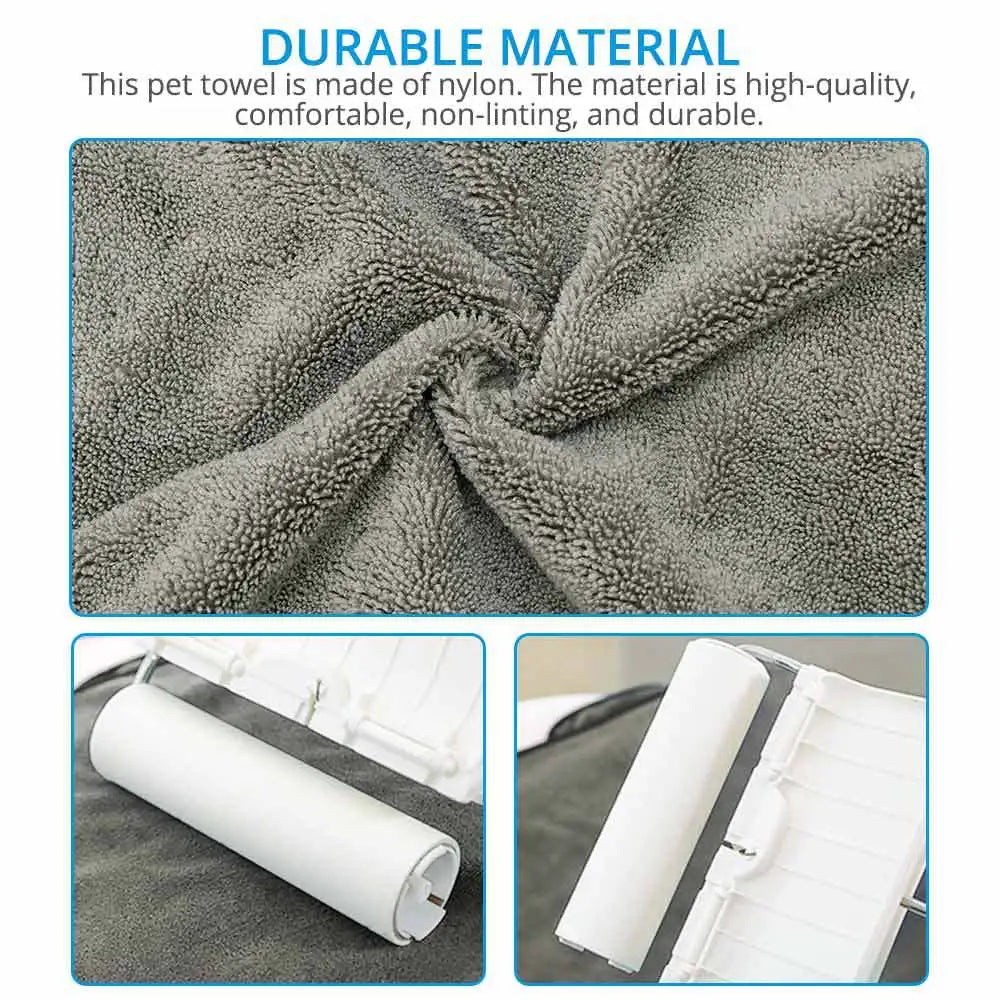 Gray nylon pet towel with durable, non-linting texture and lint roller attachment for dog & cat grooming