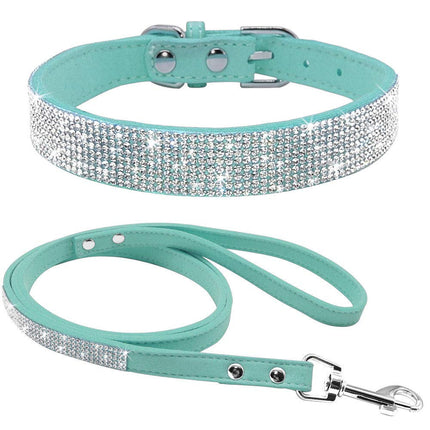 Light Blue Rhinestone Dog Collar & Leash Set | Soft Suede, Crystal Bling | Medium