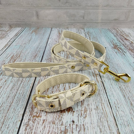 Plaid Leather Dog Collar | Brown & White | Collar, Leash & Gift Box Options | S–XL