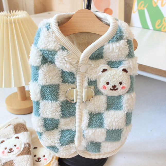 Cozy Checkered Dog Vest with Bear Patch