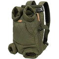 Olive green quilted pet carrier backpack with adjustable straps and side pockets for dogs or cats