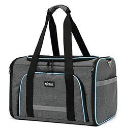 Gray pet carrier bag with blue trim, durable handles, and side pockets for dog or cat travel essentials