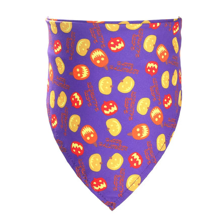 Purple Halloween pet bandana with pumpkin and spooky pattern for dogs and cats