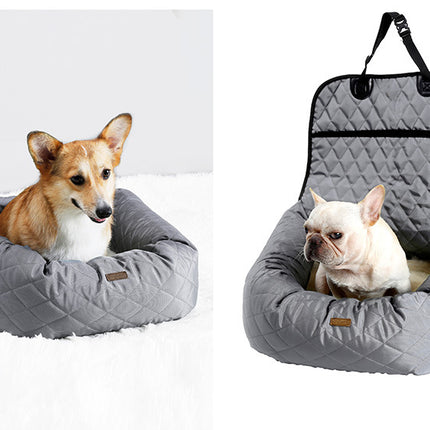 Gray quilted dog bed with Corgi and French Bulldog, portable pet car seat for safe travel