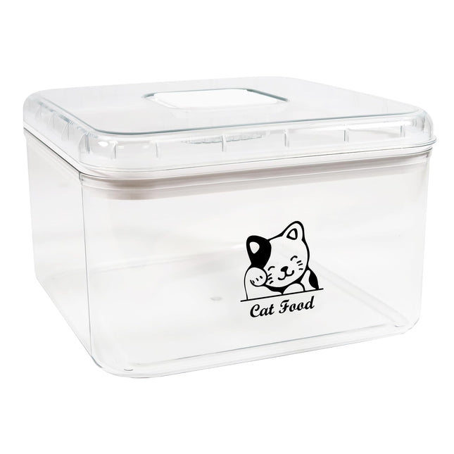 Clear cat food storage container with cute cat graphic, ideal for pet supplies and dry food organization
