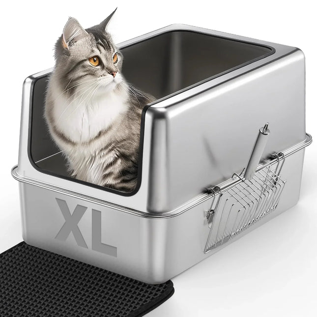 XL stainless steel cat litter box with scoop holder, featuring a fluffy tabby cat inside, ideal for large cats.