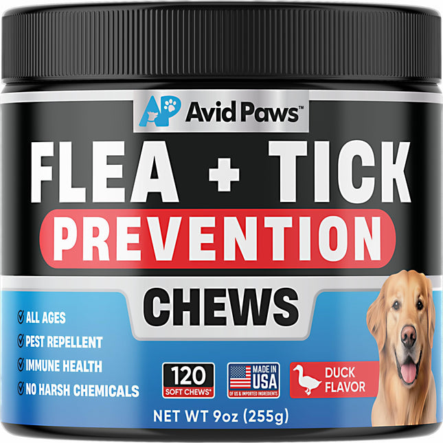 Duck flavor flea and tick prevention chews for dogs. Natural oral treatment with immune health support, safe for all ages and breeds.