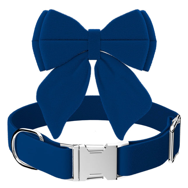 Jewel Blue Velvet Dog Collar with Bow Tie | Adjustable 7.8–23.6" | Medium
