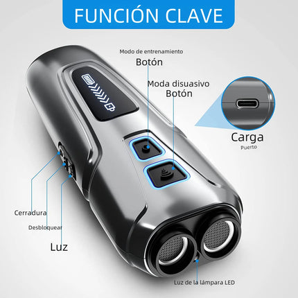 Portable ultrasonic dog repeller with training mode button, deterrent mode button, and LED light.