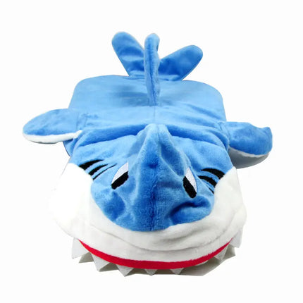 3D shark costume for dogs in blue plush fabric with white teeth.