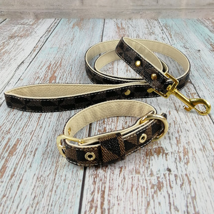 Plaid Leather Dog Collar | Brown & White | Collar, Leash & Gift Box Options | S–XL