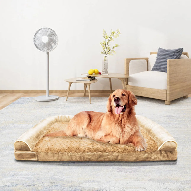 Golden Retriever lying on a MODCART memory foam dog couch bed in a bright living room.