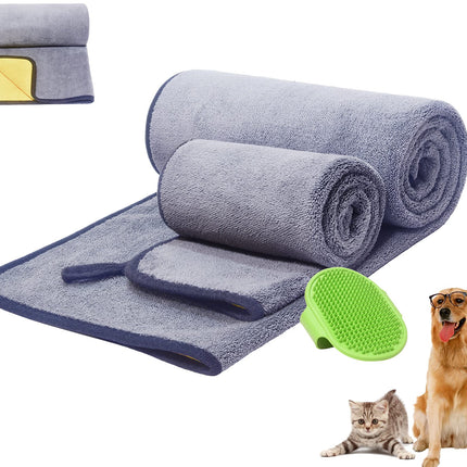 Dog Towel Pet Cat Dog Bath Towel Microfiber Drying Towel 3 in 1 Super Absorbent Ultra Soft Double Density 600 GSM Pet Brush Cat Dog Bath Brush for Small Medium Large Dogs and Cats