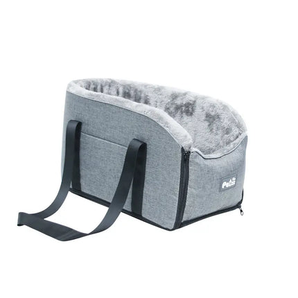 Grey center console pet travel bed with soft faux fur lining for dogs and cats.