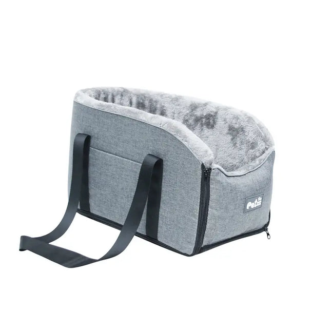 Grey center console pet travel bed with soft faux fur lining for dogs and cats.