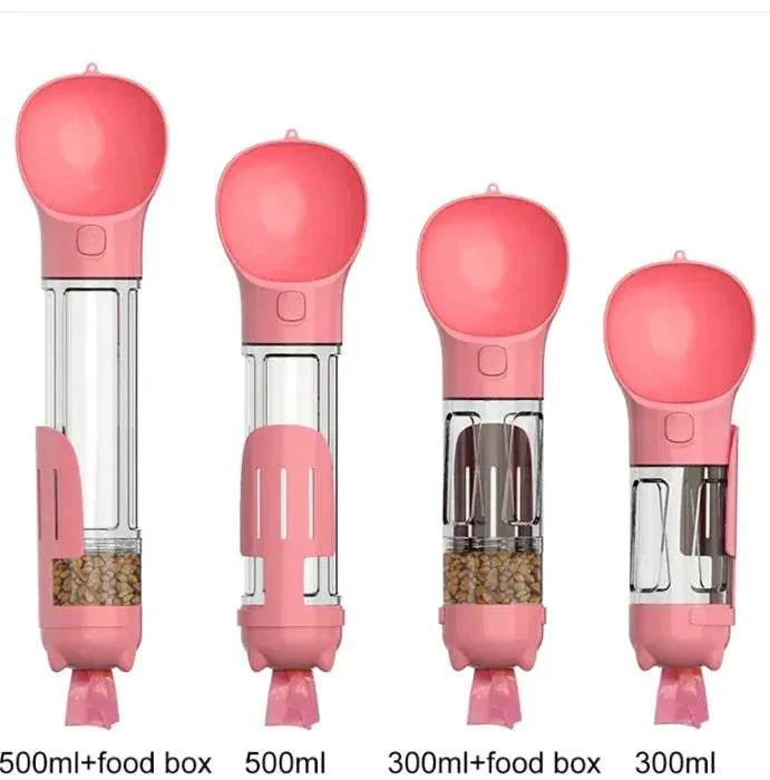 Pink portable pet food dispensers with 300ml and 500ml capacities, ideal for dog and cat travel feeding
