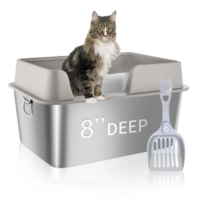 Stainless Steel Cat Litter Box with Lid™ | 12" High Sides, XL Enclosed Metal Box for Big Cats