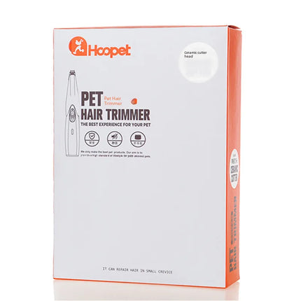 Hoopet Pet Hair Trimmer packaging box with ceramic cutter head feature.