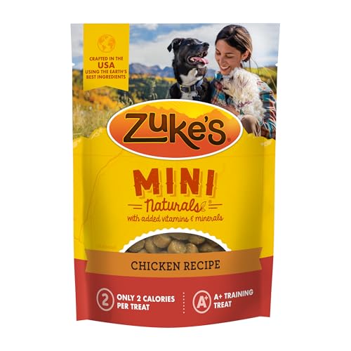 Zuke's Mini Naturals chicken recipe dog treats, low-calorie training snacks with vitamins, crafted in USA