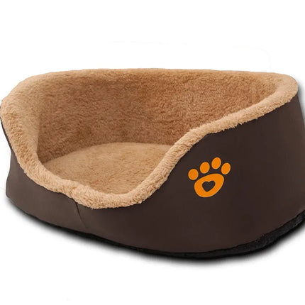 Soft plush brown dog sofa bed with tan fleece lining and orange paw print detail