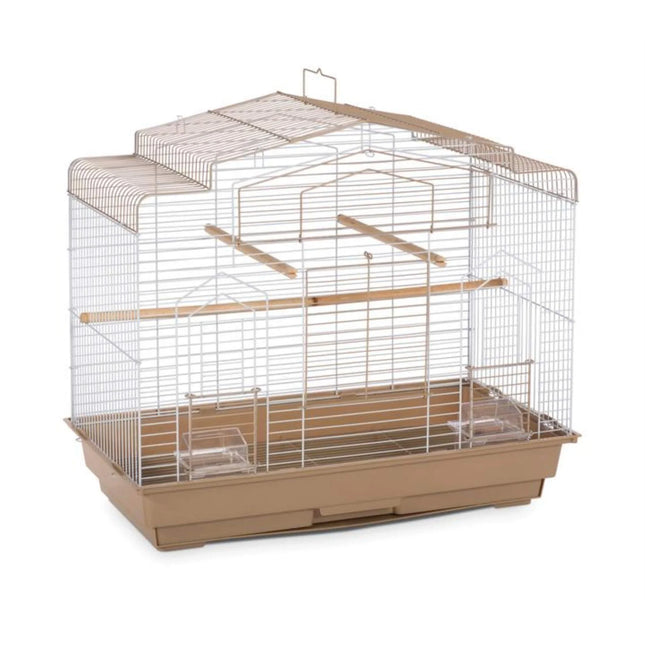 Multi-level bird cage with wooden perches and metal bars for small pets