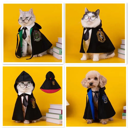 Cat and dog wearing Magic Academy Cape for Pets in black with gold emblem.