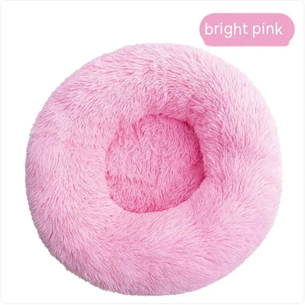 Bright pink plush round washable pet bed for dogs and cats by Nai Pet Store
