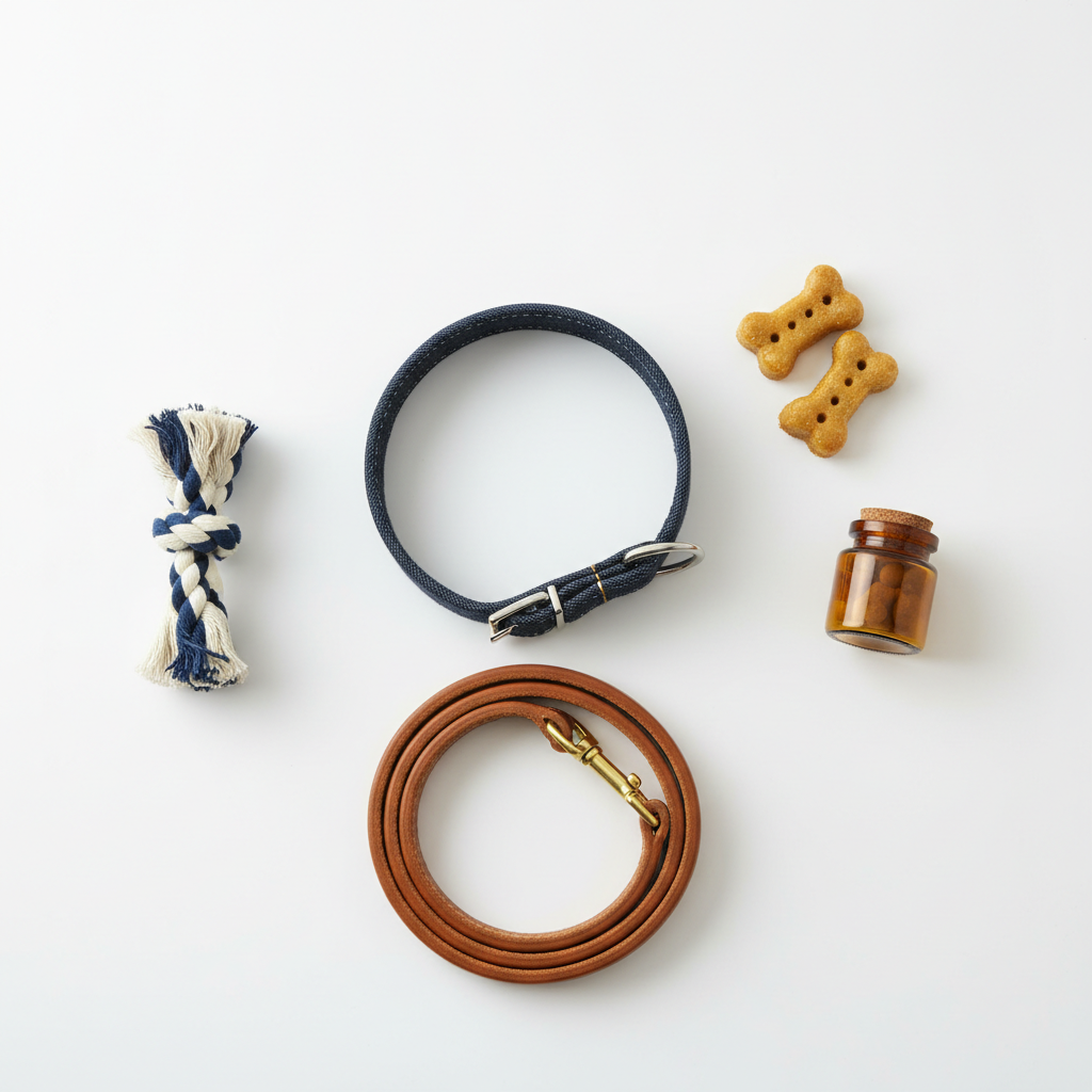 Dog collar, leash, rope toy, bone treats, and supplement jar — premium pet supplies for dogs