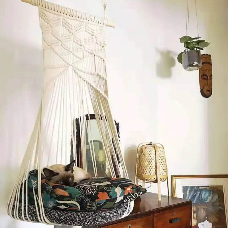 Bohemian Cat Swing Pet Bed with Handmade Lace Design - Nai Pet Store