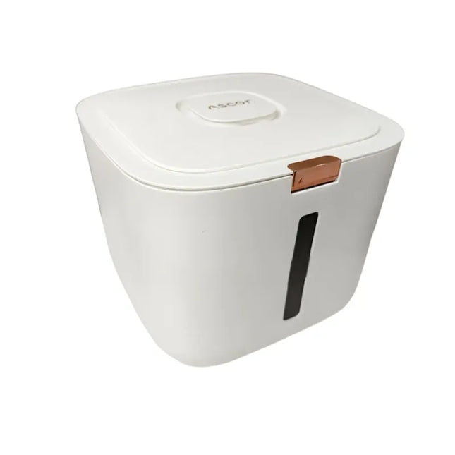 LPT white pet food storage container with a flip-top lid and rose gold accent