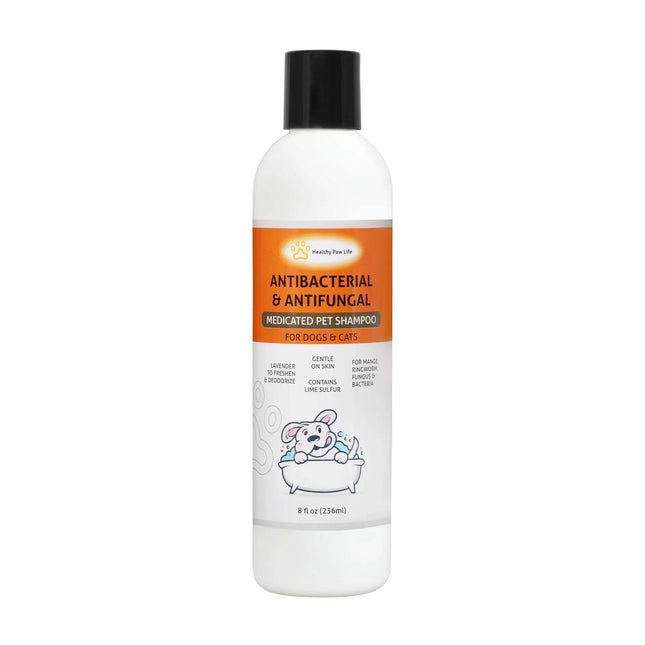 Healthy Paw Life Lime Sulfur antibacterial and antifungal medicated pet shampoo bottle.